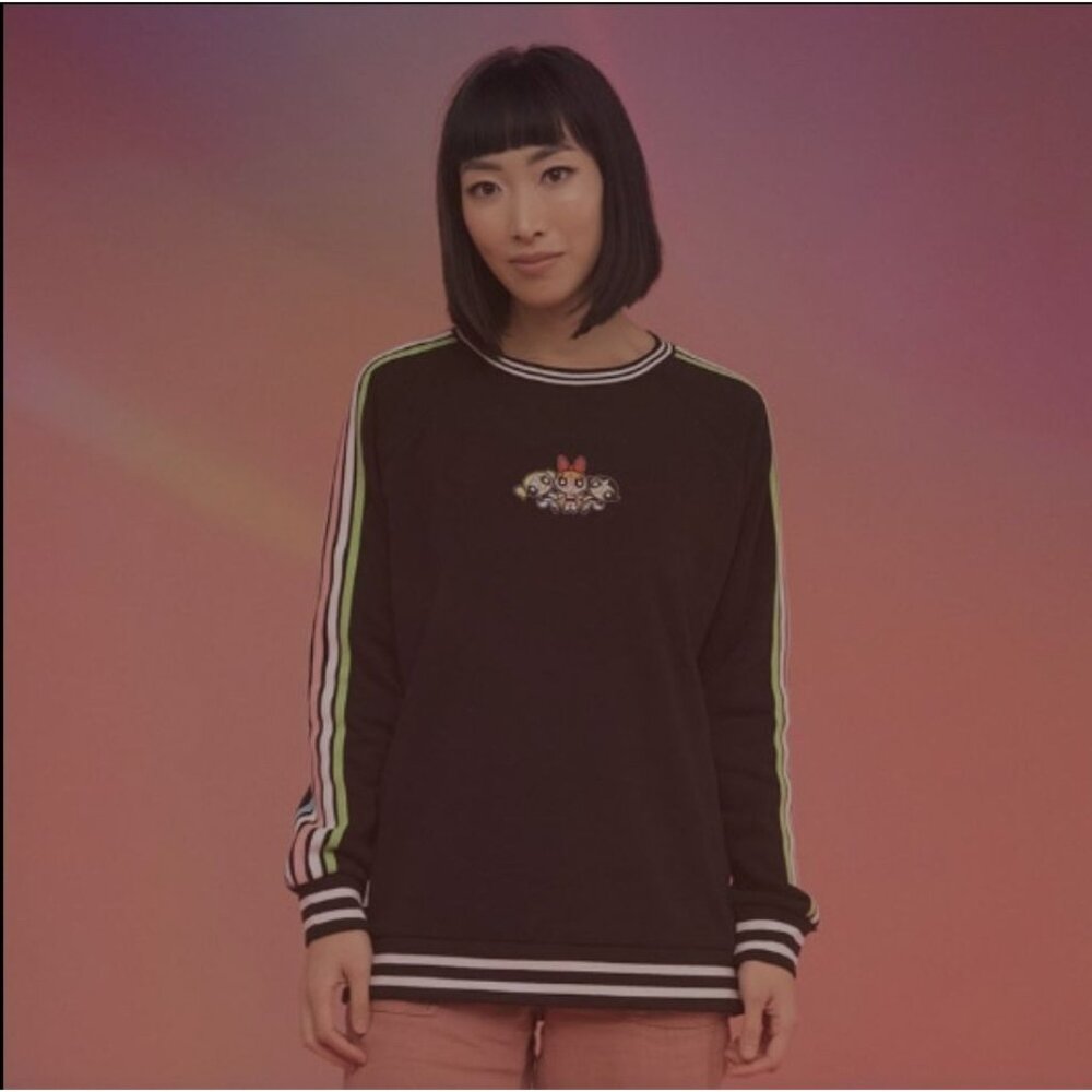 The Powerpuff Girls womens rainbow sweatshirt crewneck Long Sleeve Black Sz LG